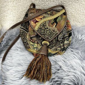 Vintage Brizzolari Italian Bohemian Tapestry Carpet Tassel Crossbody Leather Bag